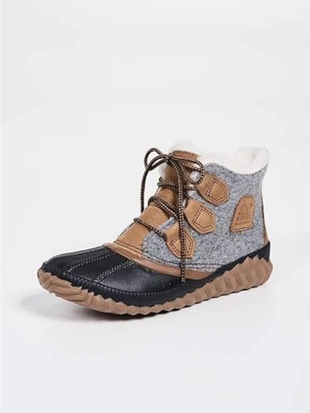 Sorel Out and About Casual Lace-Up Duck Boot in Black, Gray & Tan